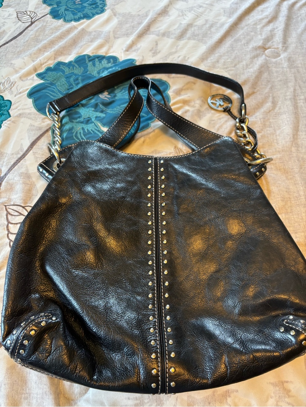 Michael Kors Black Leather Studded Hobo Bag with Chain Strap